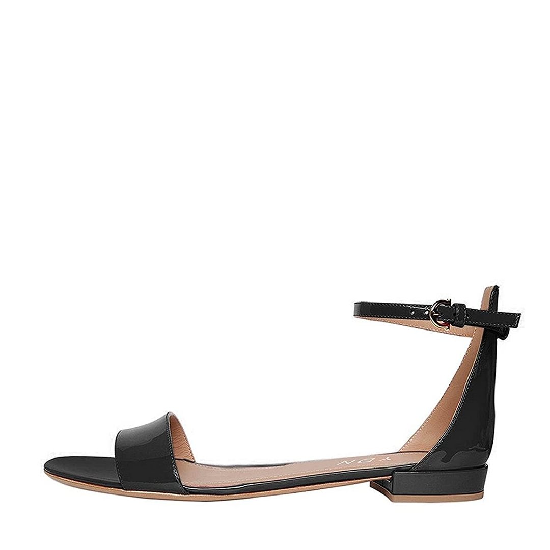 Vegan Leather Round Toe Ankle Strap Summer Sandals in Black