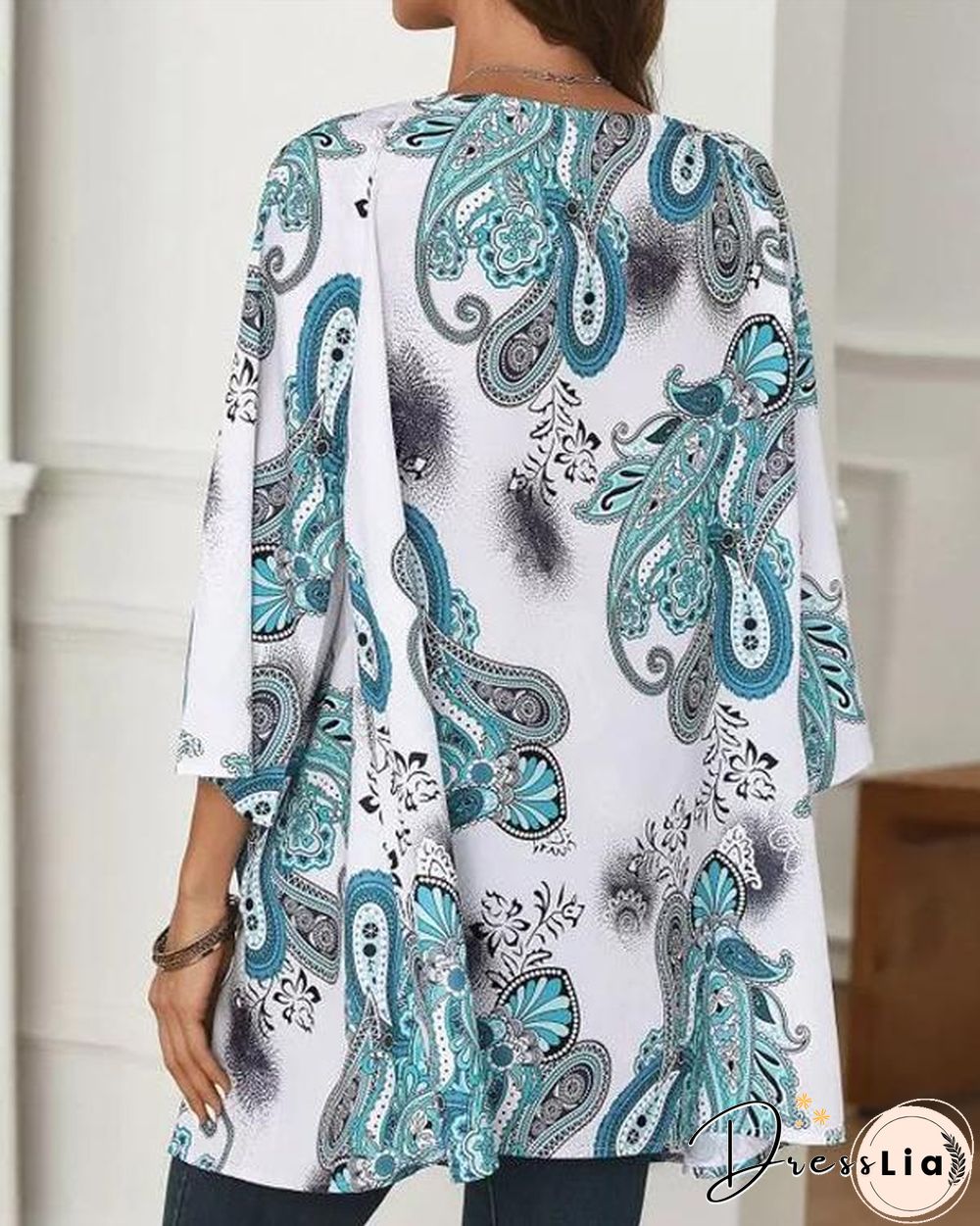 Casual V Neck 3/4 Sleeve Loose Fit Floral Blouses
