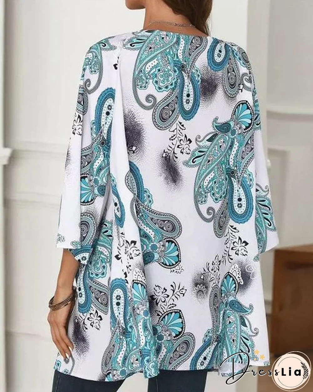Casual V Neck 3/4 Sleeve Loose Fit Floral Blouses