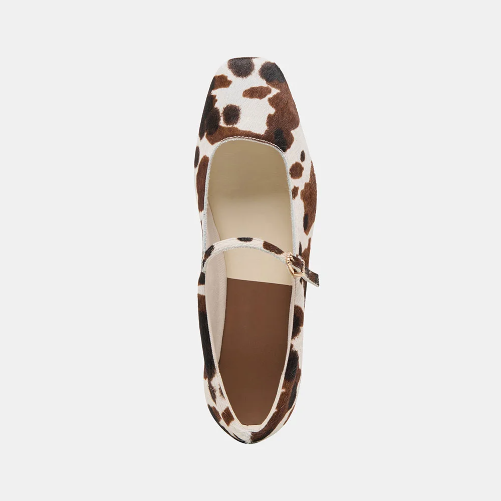 YDN Brown & White Square Toe Cow Print Flats with Buckle Strap