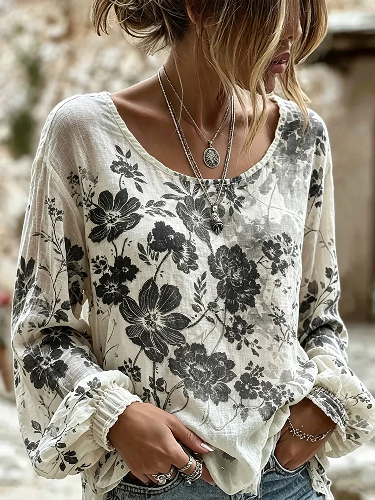 Comstylish Retro Bohemian Style Washed Black Peony Floral Linen Long-sleeved Top