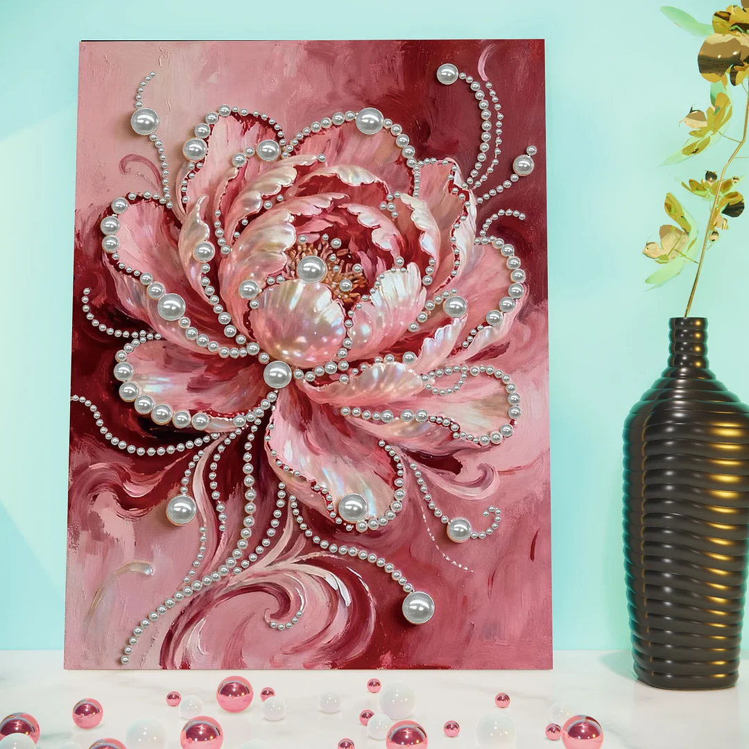 Pink Flowers DIY Pearl Diamond Art Kit for Adults Home Decor With Frame 30x40cm