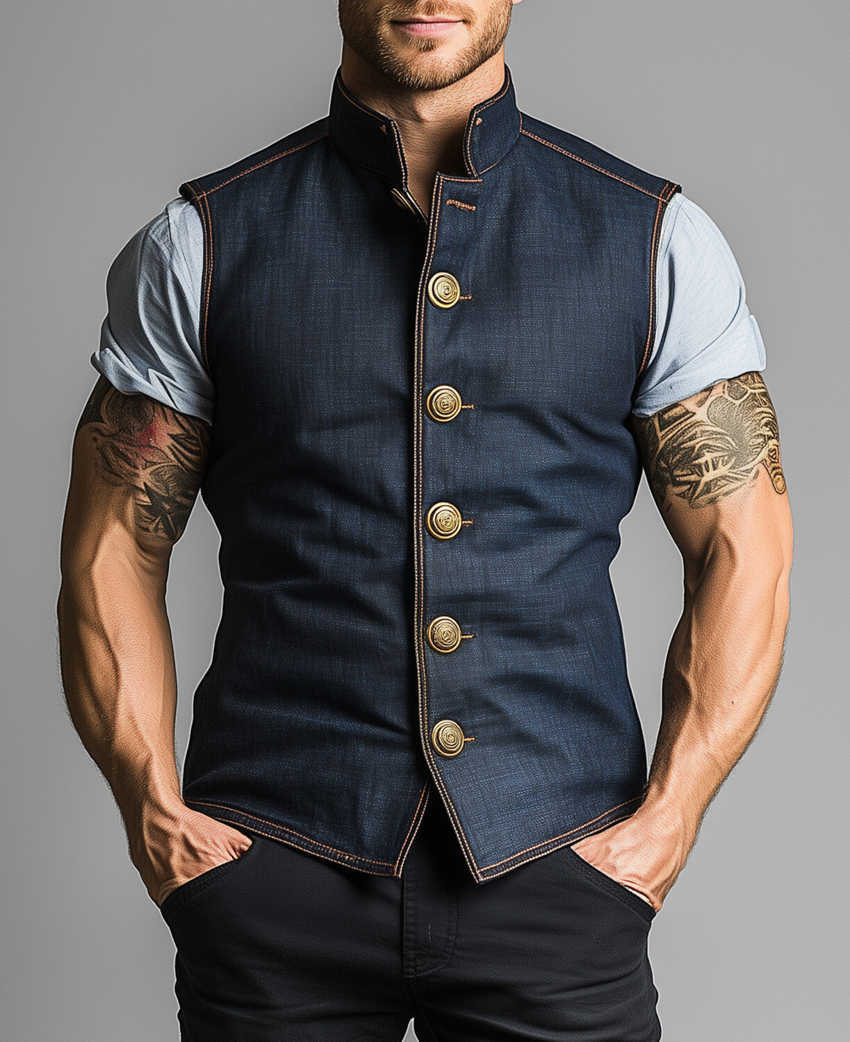 Okaywear Stand Collar Single Breasted Denim Vest