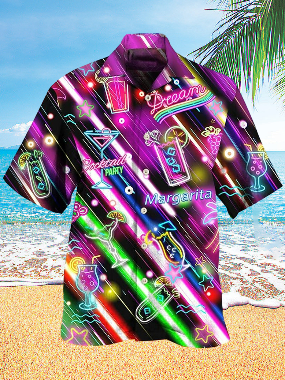 Cocktail Neon Music Party Print Hawaiian Short Sleeve Cuban Collar Shirt PLUSCLOTHESMAN