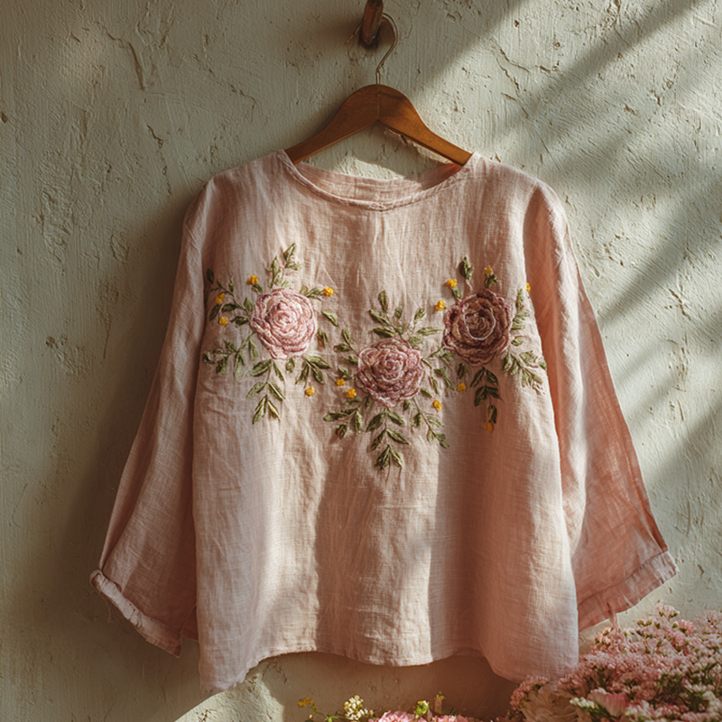 Comstylish Retro Rose Embroidery Pattern Linen Long Sleeve Tops