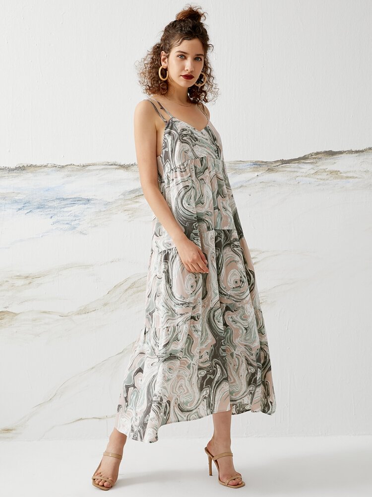 Tie Dye Marble Print Spaghetti Strap Back Criss-Cross Dress - BlackFridayBuys