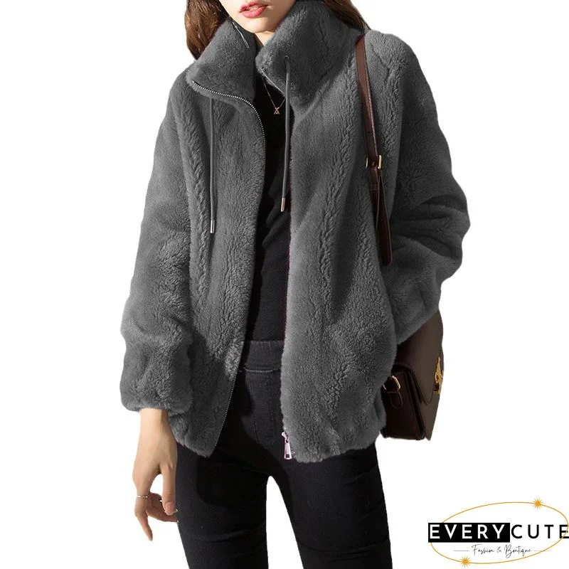 Casual Grey Hooded Pockets Patchwork Woolen Coats Winter