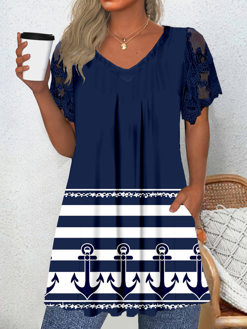 Women's Short Sleeve V-neck Graphic Lace Pockets Tops