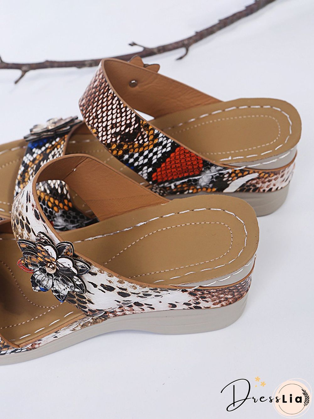 3D Floral Snake Print Wedge Sandals Slippers