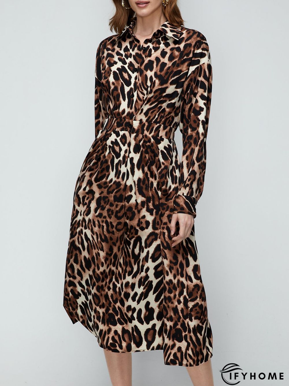 Daily Long sleeve Shirt Collar Urban Leopard Dress | IFYHOME