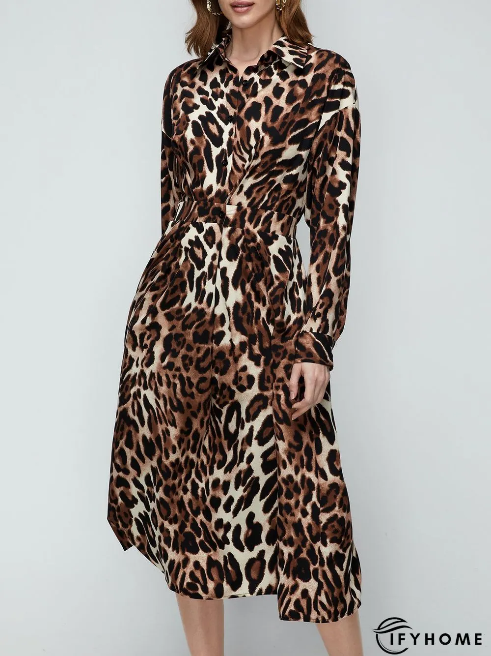 Daily Long sleeve Shirt Collar Urban Leopard Dress | IFYHOME