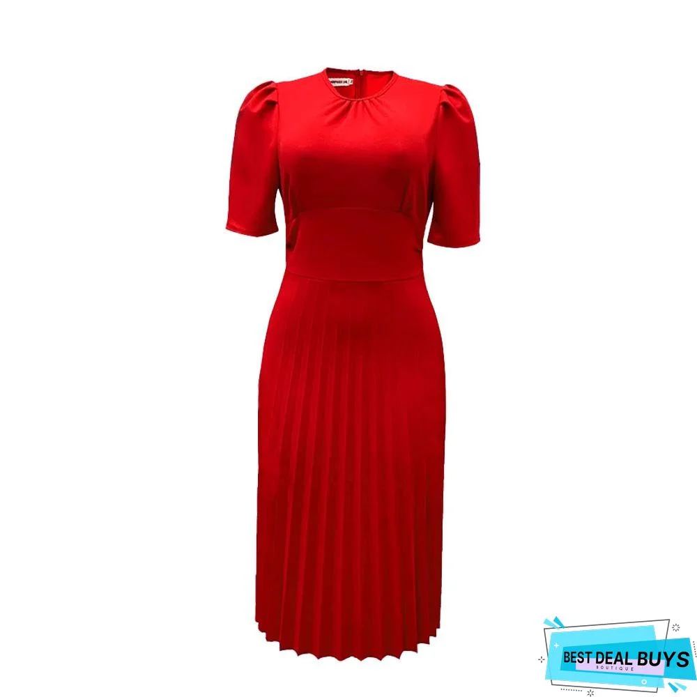 Short Sleeve Pleated Solid Color Plus Size Dress