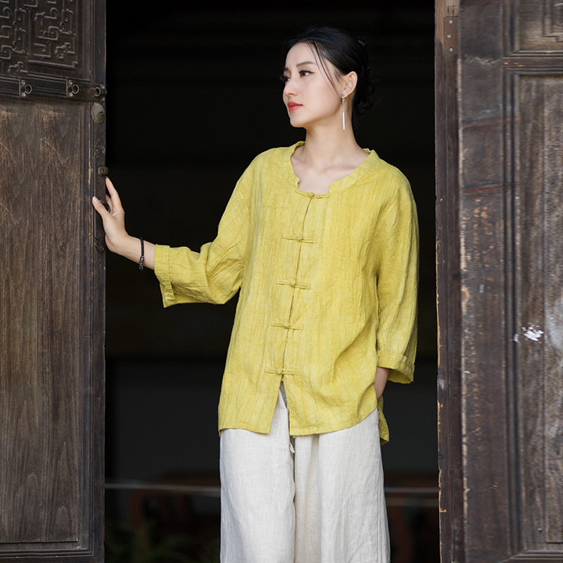 Original Hand-dyed Stand Collar Buttoned Cardigan Shirt for Women