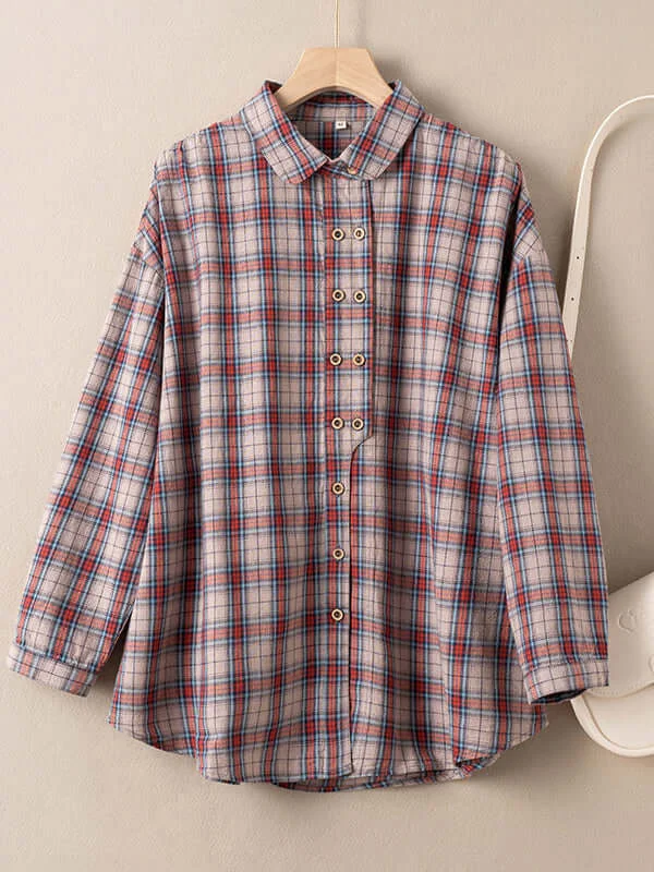 Women's Natural Fabric Plaid Front Artsy Style Blouse
