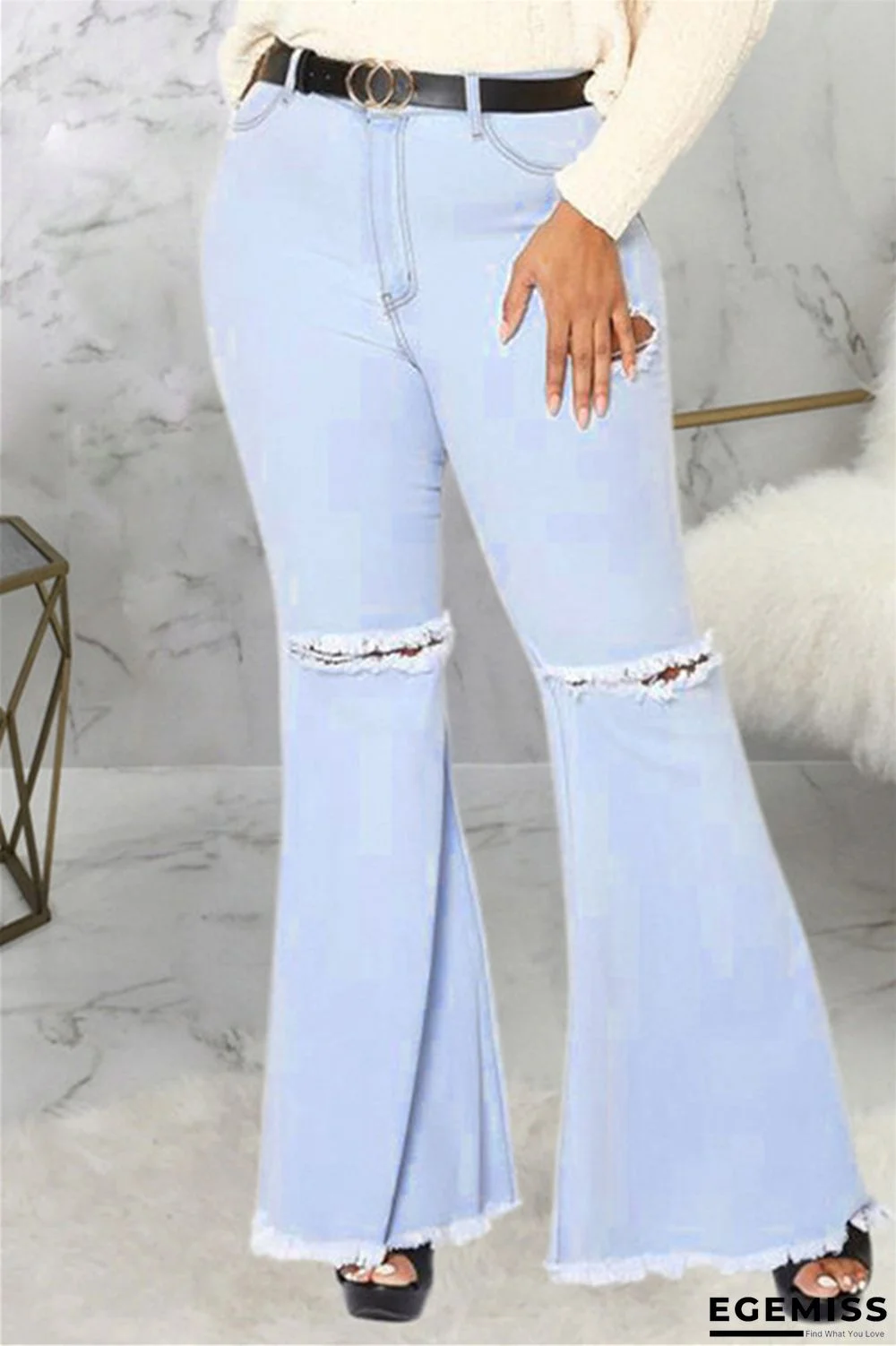 Baby Blue Fashion Casual Solid Ripped Without Belt Plus Size Jeans | EGEMISS