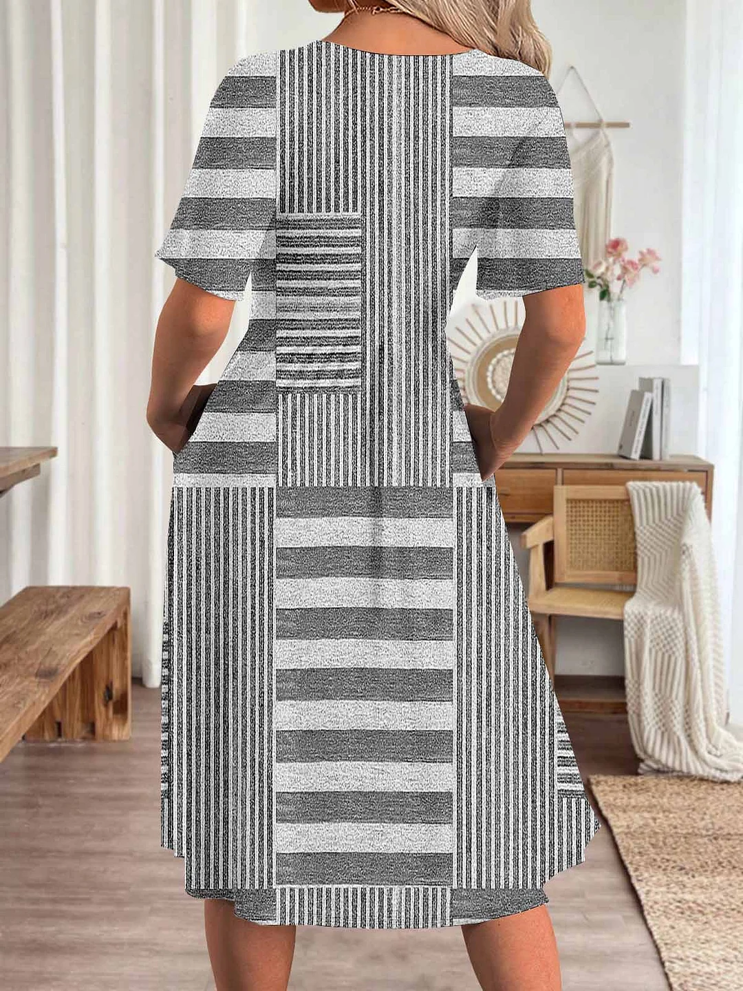 Women Striped,Gray DZHA8302 Short Sleeve Scoop Neck Graphic Printed Hollow Midi Dress