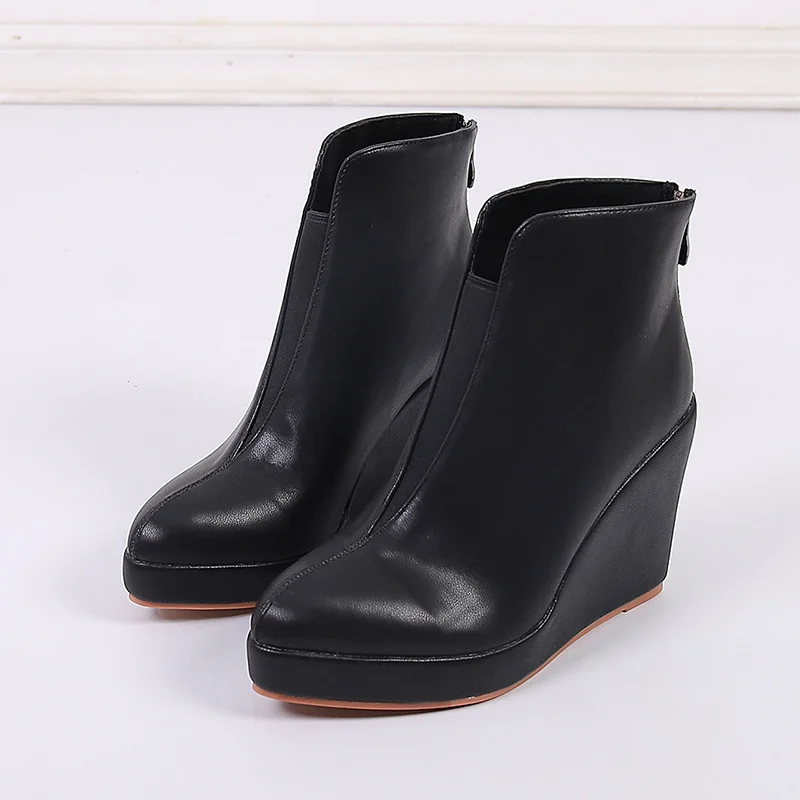 Wongn Wongn / Winter, Sloping Heel, Thick Bottom, High Heel, Pointed, Stylish Ankle Boots, Black Rear Zipper