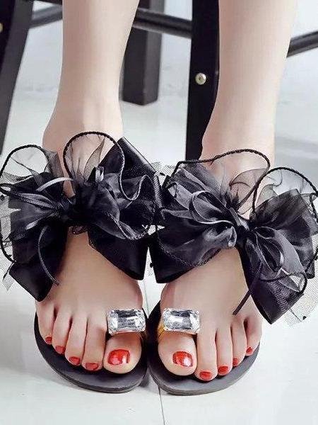 Big Size Butterflyknot Lace Bead Crystal Clip Toe Flat Flip Flops Sandals