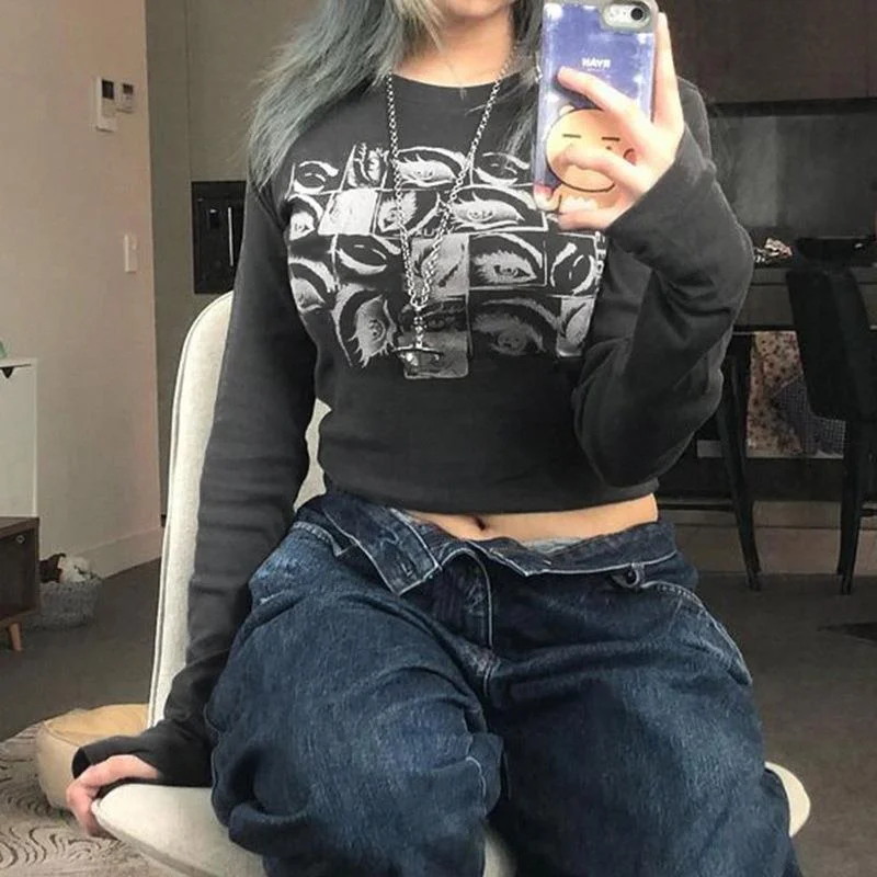 Uveng Uveng Dark Wind Eye Print Slim Long Sleeve T-Shirt Jacket Female 2023 Spring And Autumn INS New Top