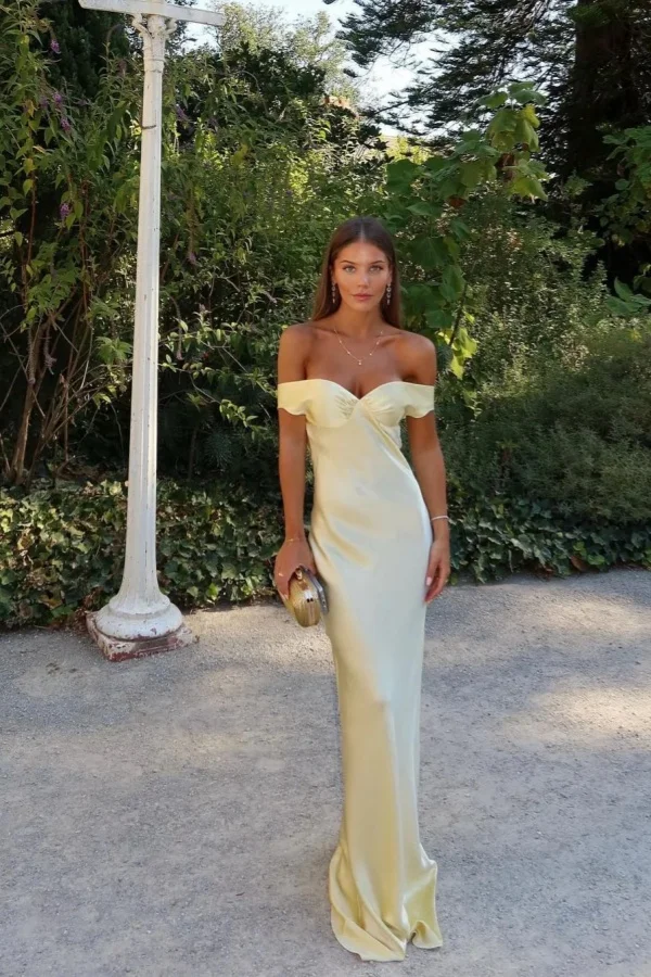 Light Yellow Off-The-Shoulder Sweetheart Prom Dress | Lulustina