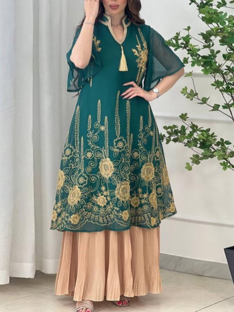 Mesh Embroidery Print Flare Sleeve Tassel Dress | Oxredo Shop Ramadan Sale