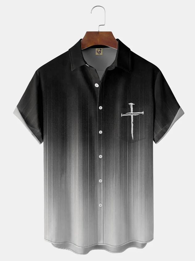 Shading Crucifix Chest Pocket Short Sleeve Shirt