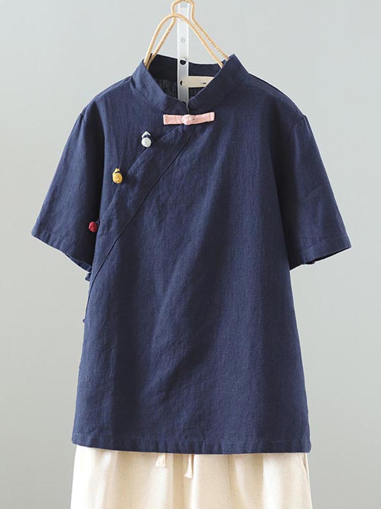 Comstylish Women's Diagonal Breasted Button Up Short Sleeved Shirt