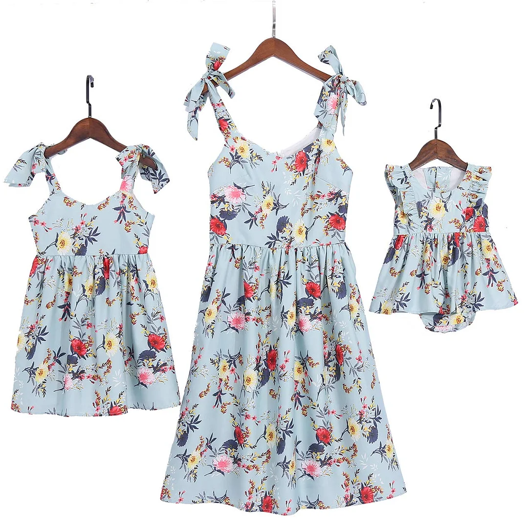 Mommy and Me Floral Printed Dresses Shoulder Straps Bowknot Chiffon Sleeveless Beach Mini Sundress
