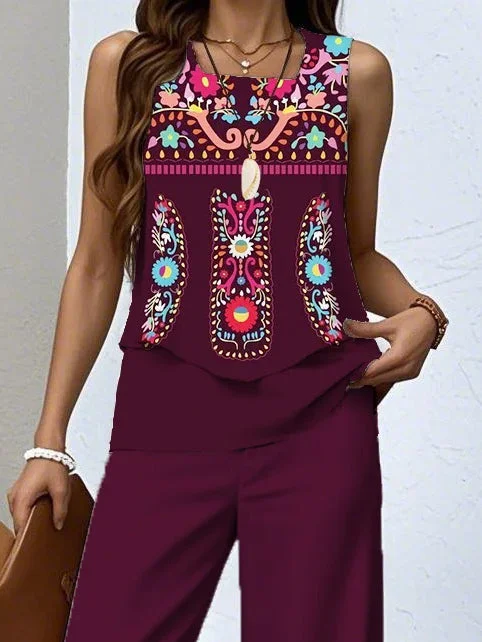 Women's Sleeveless Square Collar Graphic Printed Casual Set