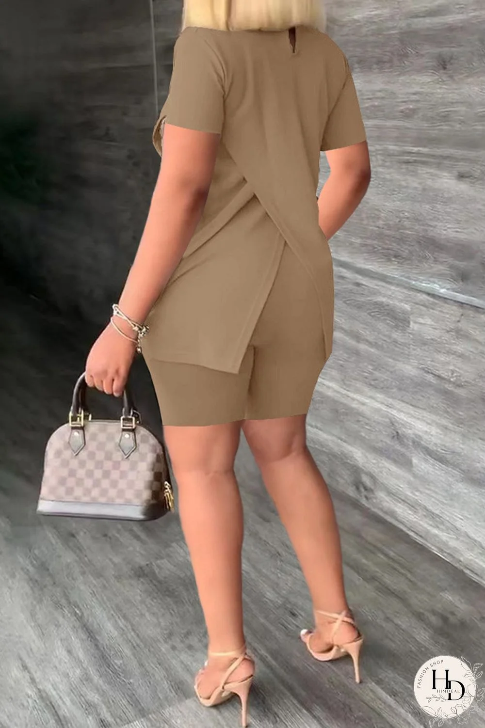 Khaki Casual Print Slit Turtleneck Short Sleeve Two Pieces