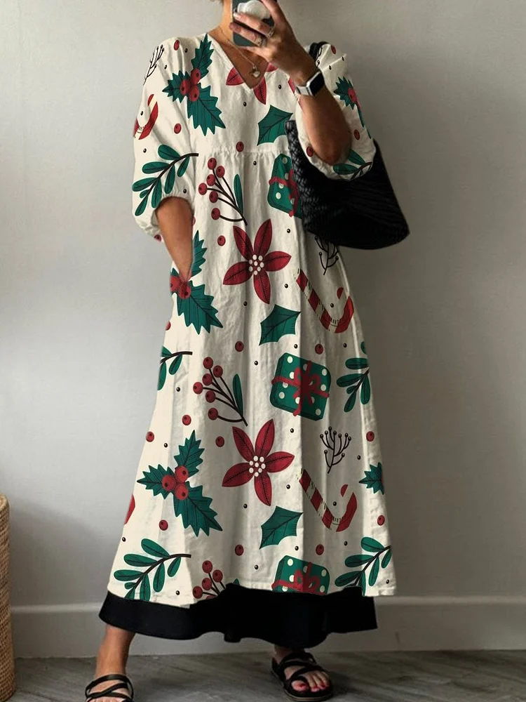 Christmas Gifts and Red Flower Botanical Decorative Pattern Pocket V-neck Cotton Dress