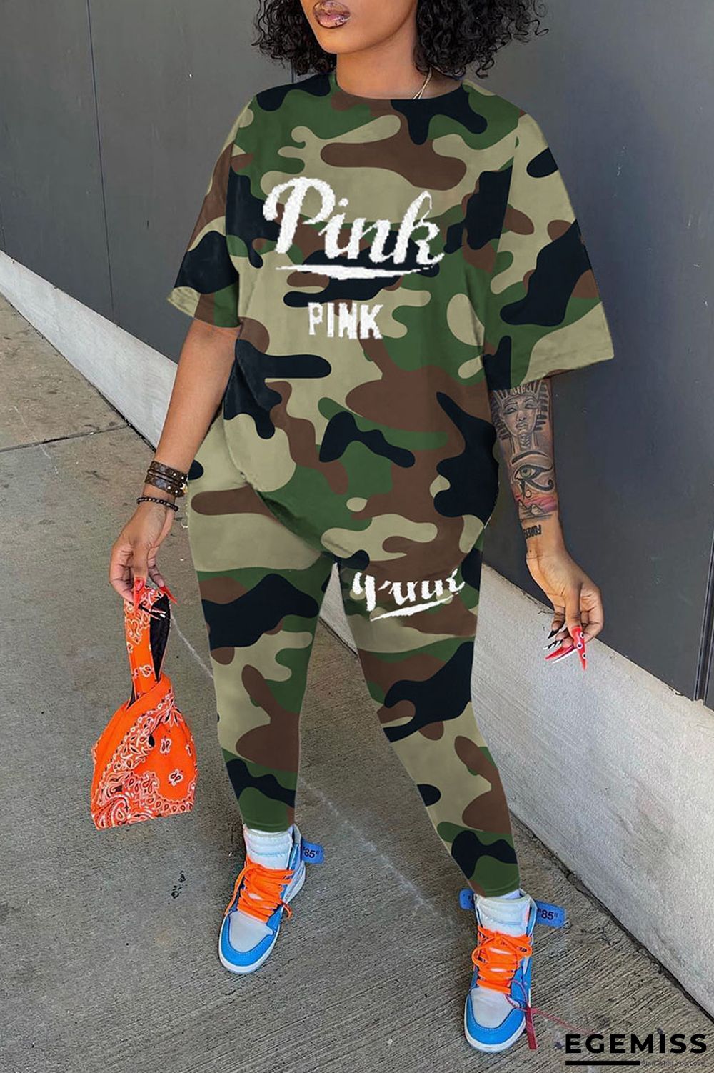 Army Green Casual Print Patchwork O Neck Short Sleeve Two Pieces | EGEMISS