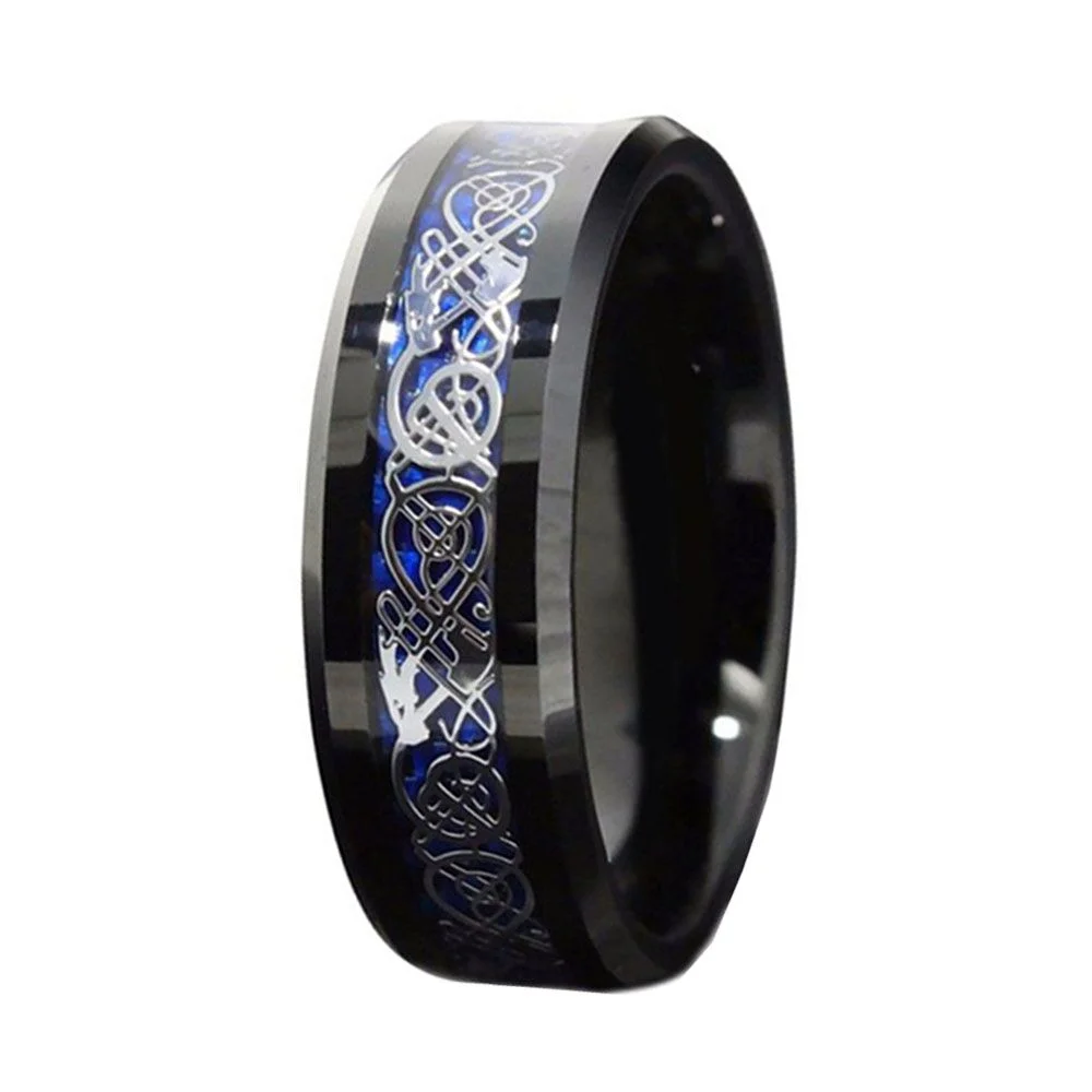 6MM 8MM Black Tungsten Inlay Blue Carbon Fiber Dragon Pattern Wedding Bands