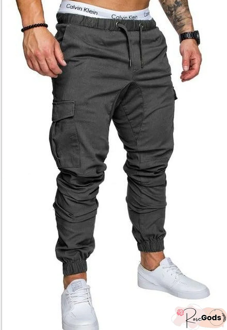 Men Casual Joggers Solid Color Pants Cotton Elastic Long Trousers