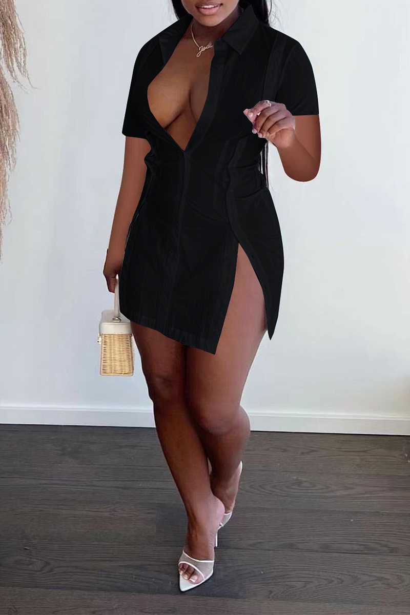 Casual Simplicity Solid Slit Turndown Collar Shirt Dresses(3 Colors) main image 0