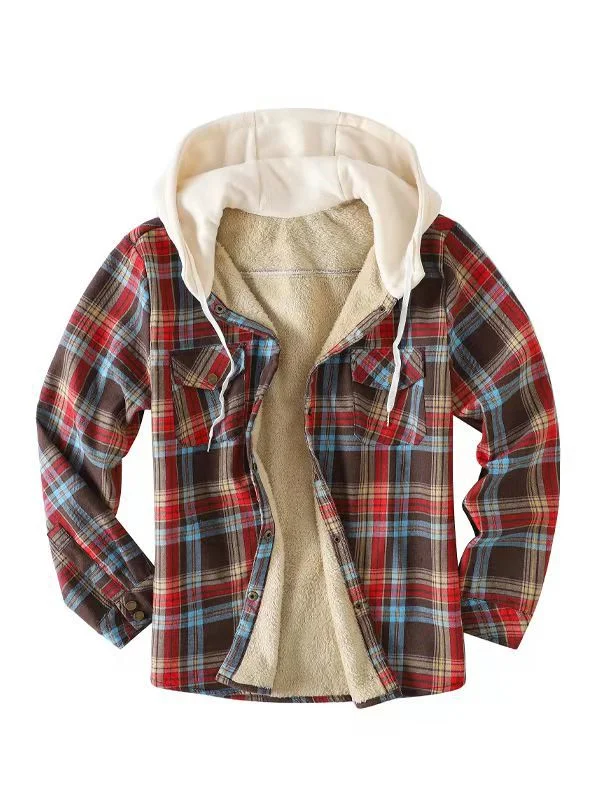 Men's Hooded Fleece Shirt Jacket Plaid Warm Coat