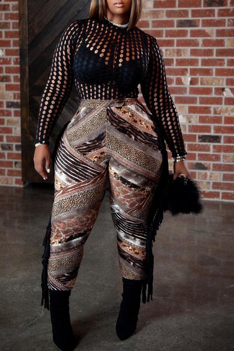 Xpluswear Plus Size Solid Apricot See Through Hollowed Out Long Sleeve Blouse 