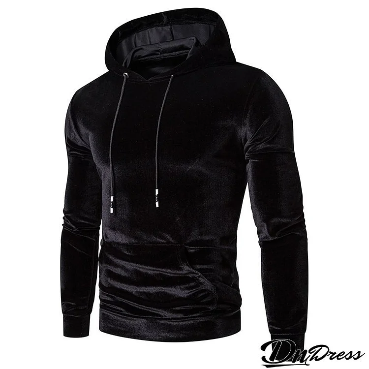 Men Autumn And Winter Casual Solid Color Glossy Long Sleeve Hat Rope Pocket Velvet Loose Hoodie