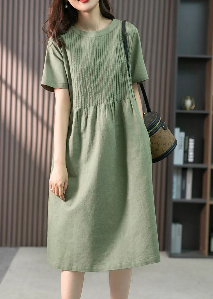 French Green O-Neck Wrinkled Linen Dress Short Sleeve