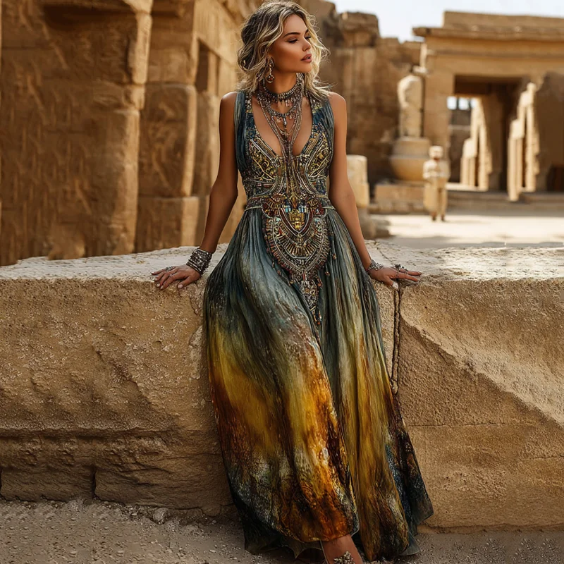 Women's Vintage Egyptian Pattern Gradient Casual V Neck Maxi Dress