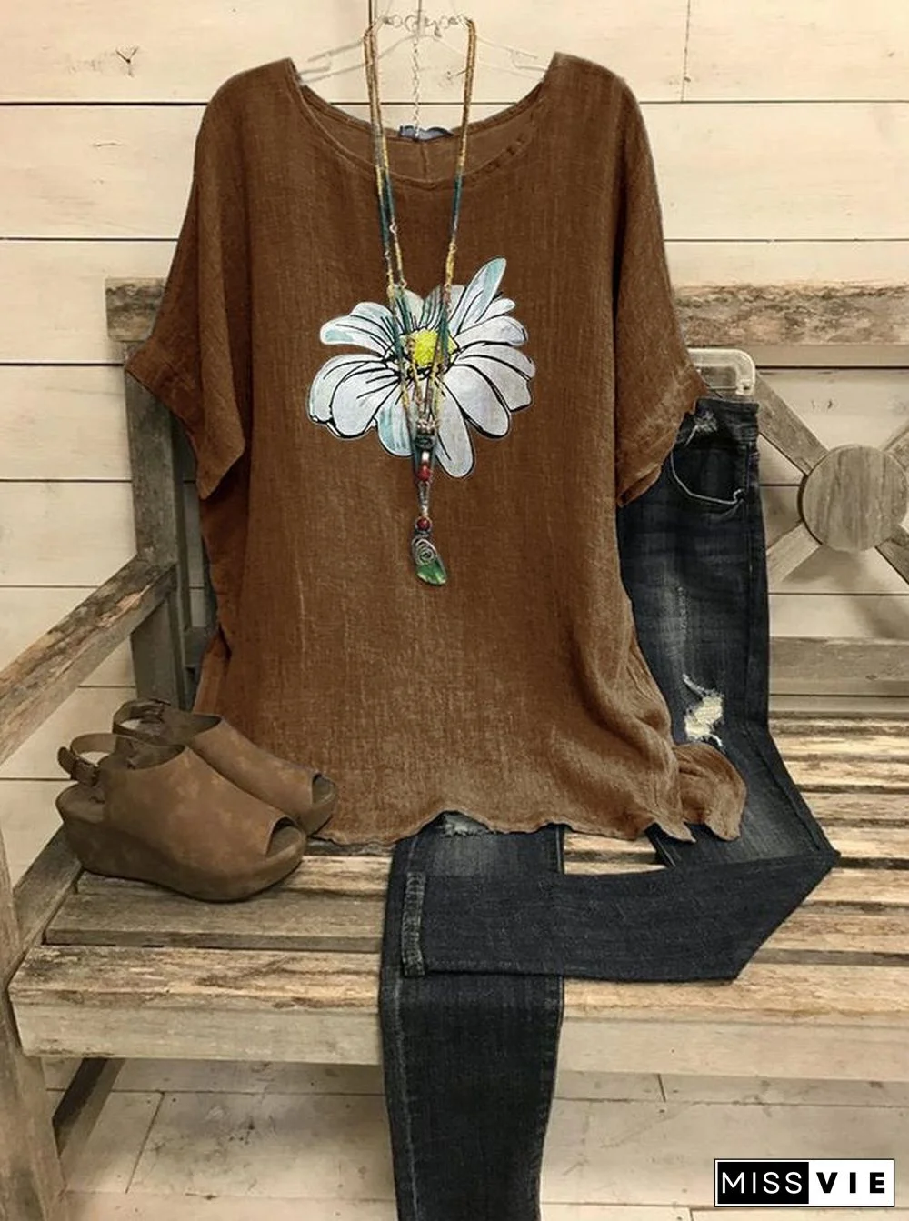 Summer Scoop Neck Casual Loose Daisy Printed T-Shirt