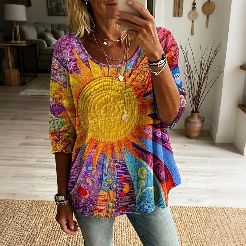 Comstylish Women's Retro Hippie Art Print Flowy Linen Blend Casual T-shirt