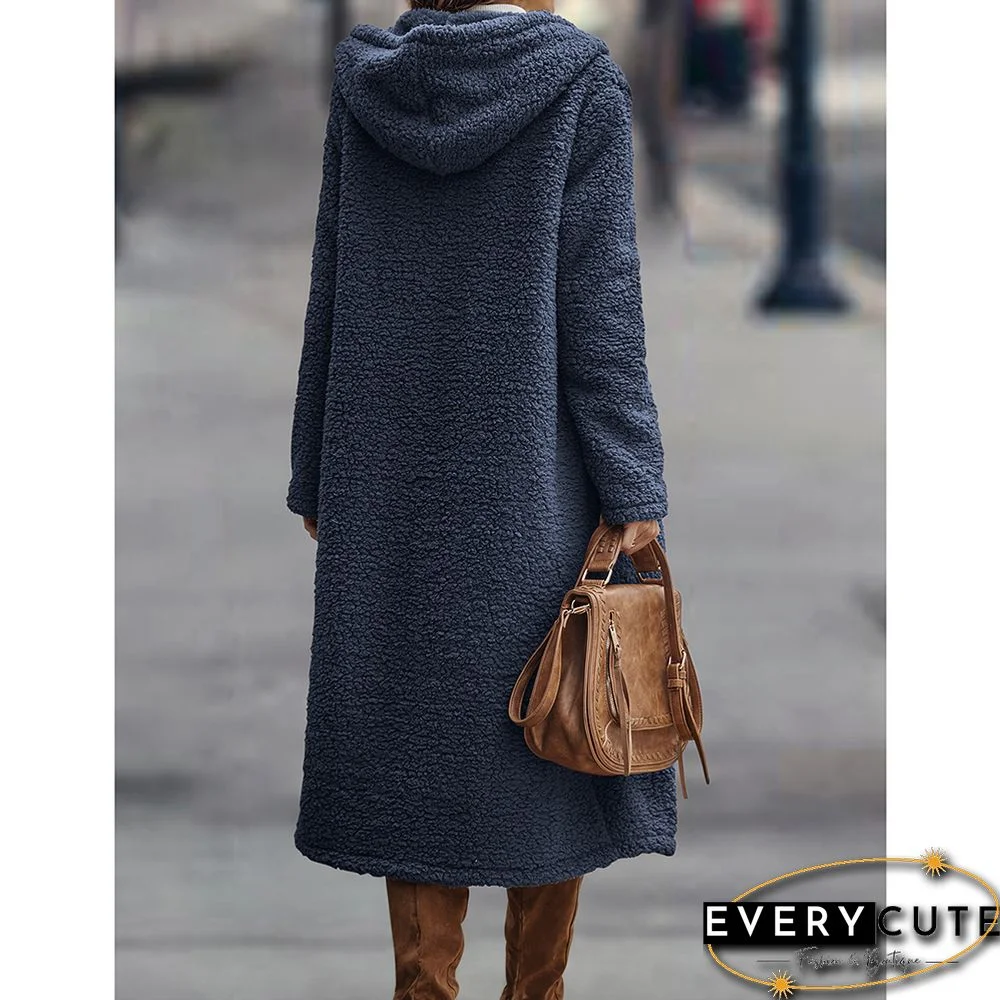 Navy Blue Open Front Long Sleeve Hooded Fleece Coat