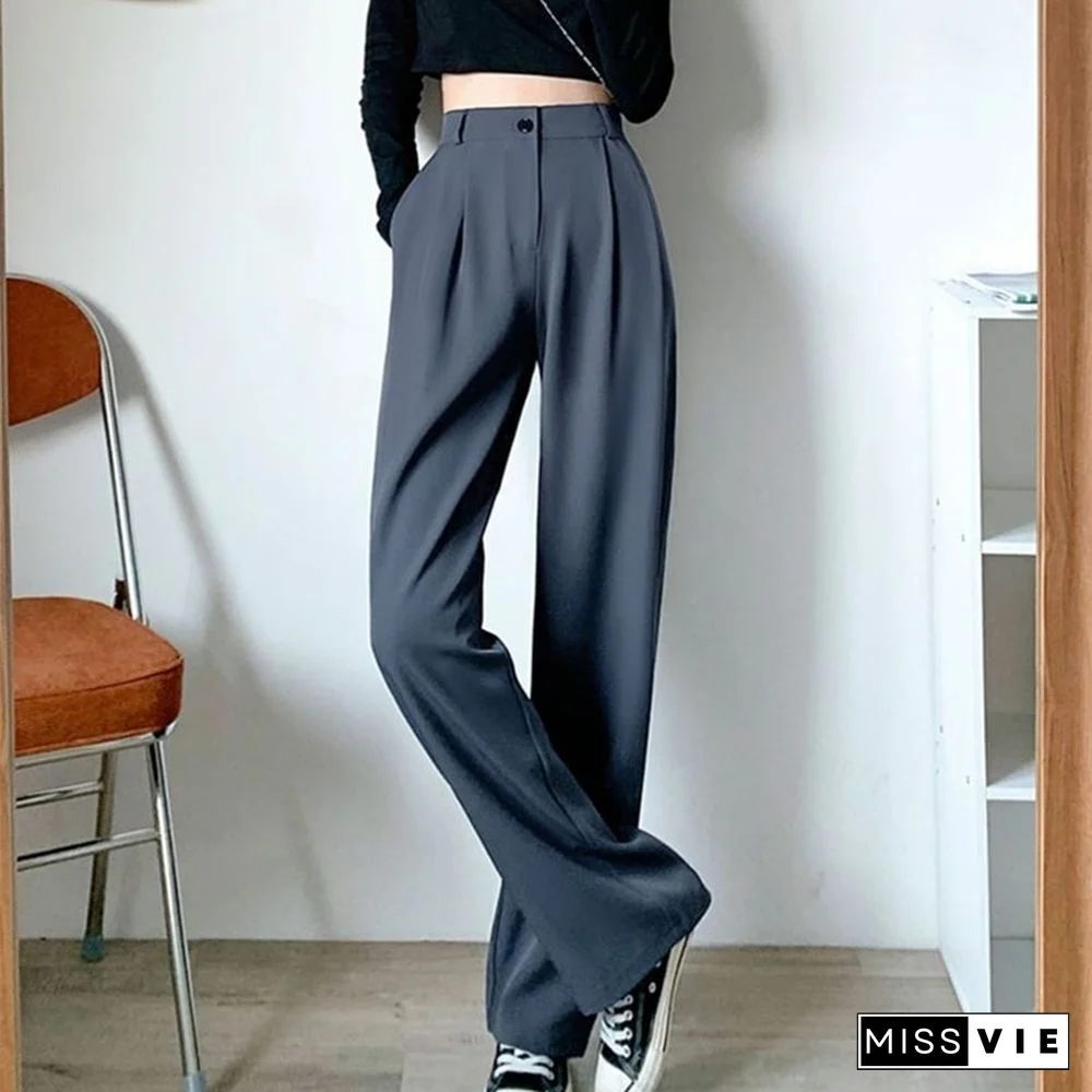 Fashion Thin Women Wide Leg Pants Summer High Waist Elastic Office Lady Loose Trousers Vintage Korean Solid Straight Pants New