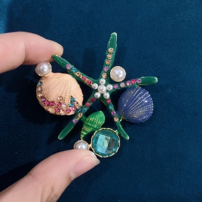 Korean Style Pin Starfish Shell Alloy Plating Inlay Rhinestones Pearl Unisex Brooches