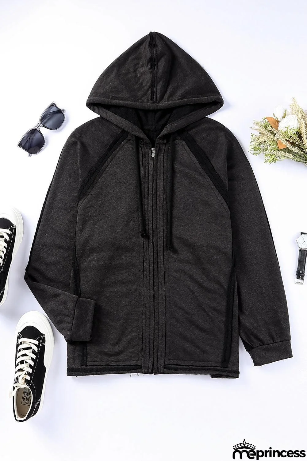 Exposed Seam Drawstring Hooded Jacket with Pockets