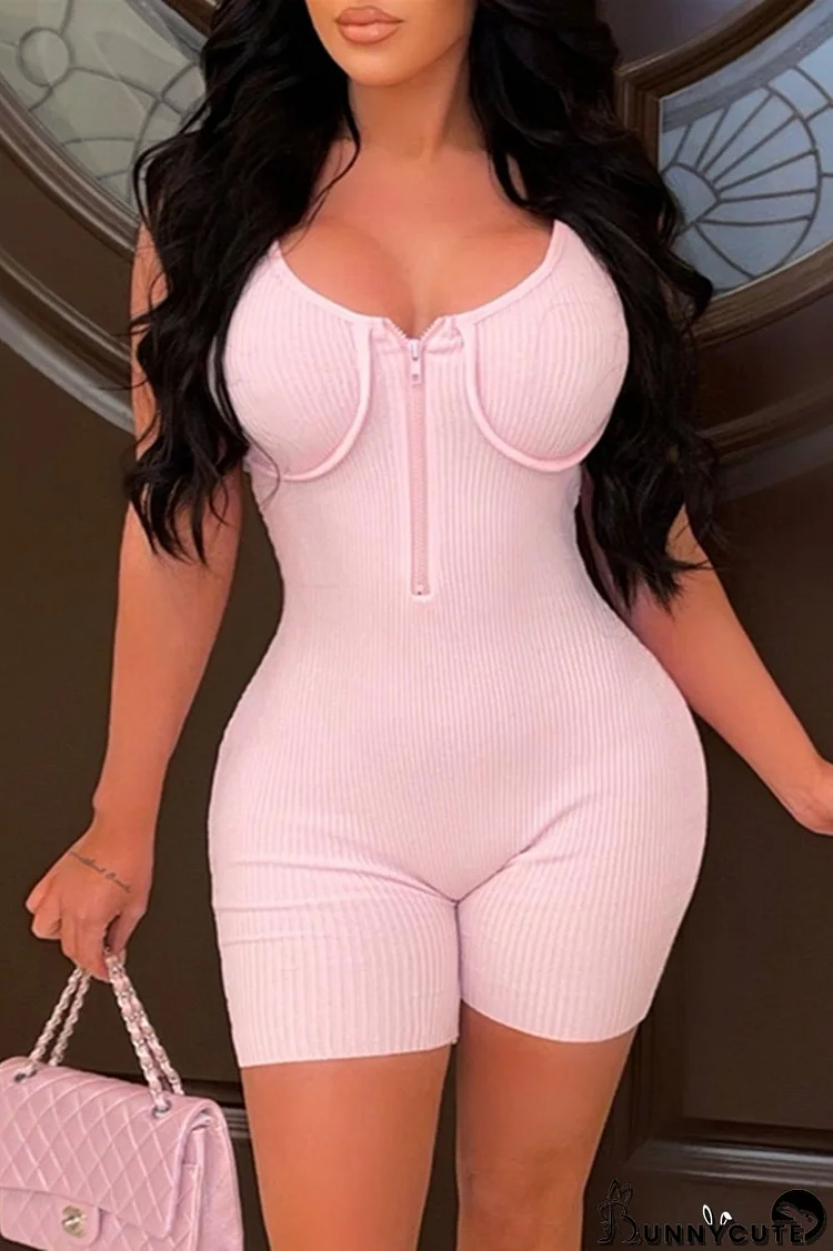 Pink Sexy Casual Solid Backless Spaghetti Strap Skinny Romper