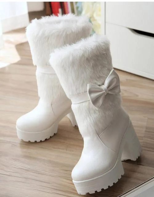 Kawaii Sweet Bowknot Cute Warm High-heeled Snow Fur Boots SP1711037