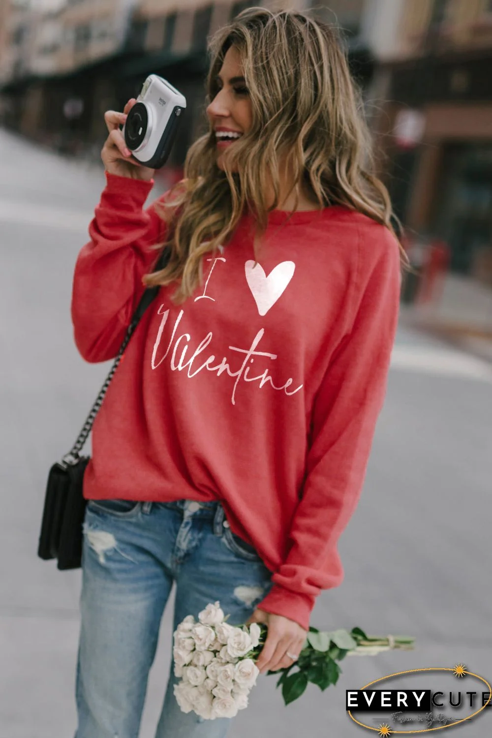 Red I Love Valentine Heart Flocking Pullover Sweatshirt