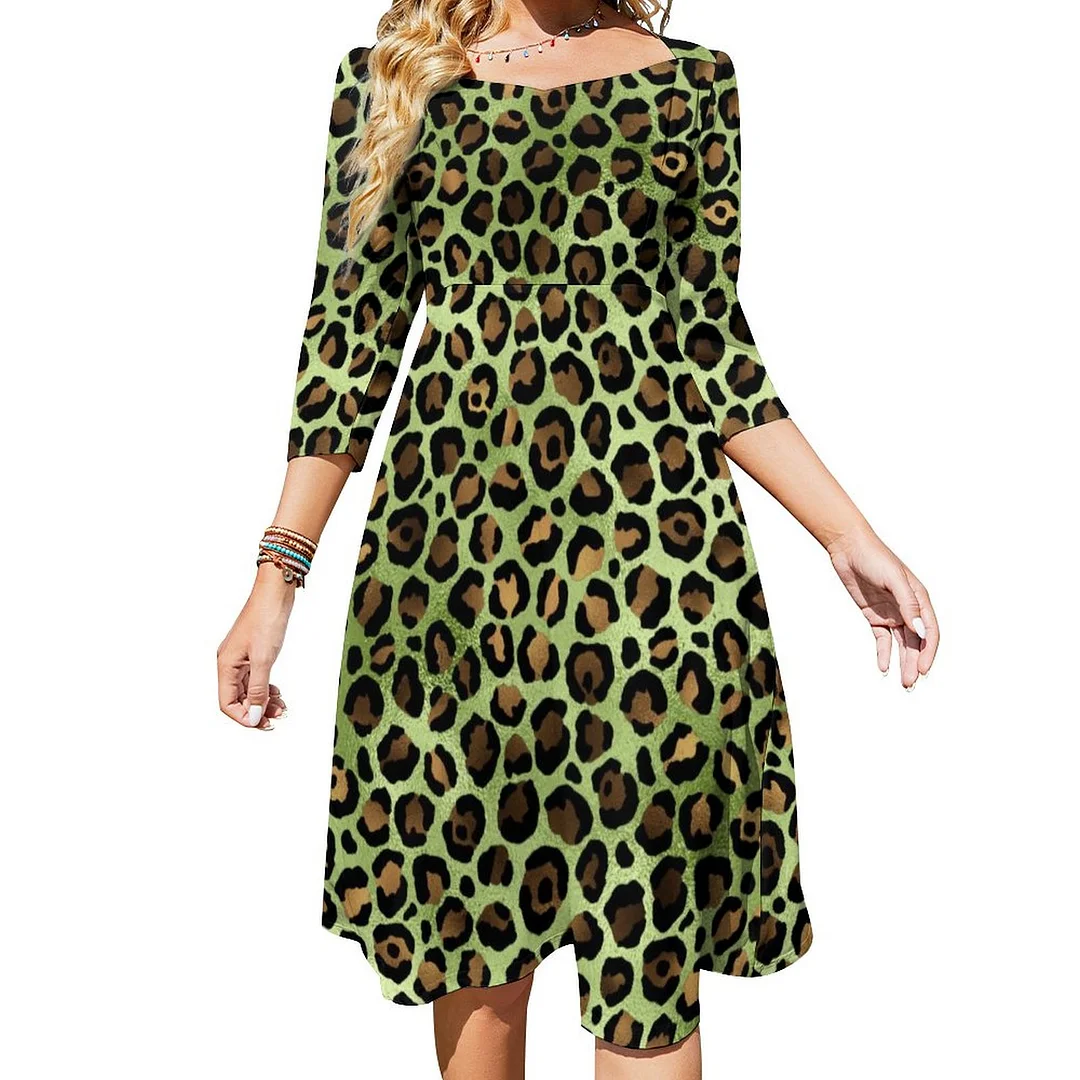 Exotic Green Leopard Print Dress Sweetheart Tie Back Flared 3/4 Sleeve Midi Dresses